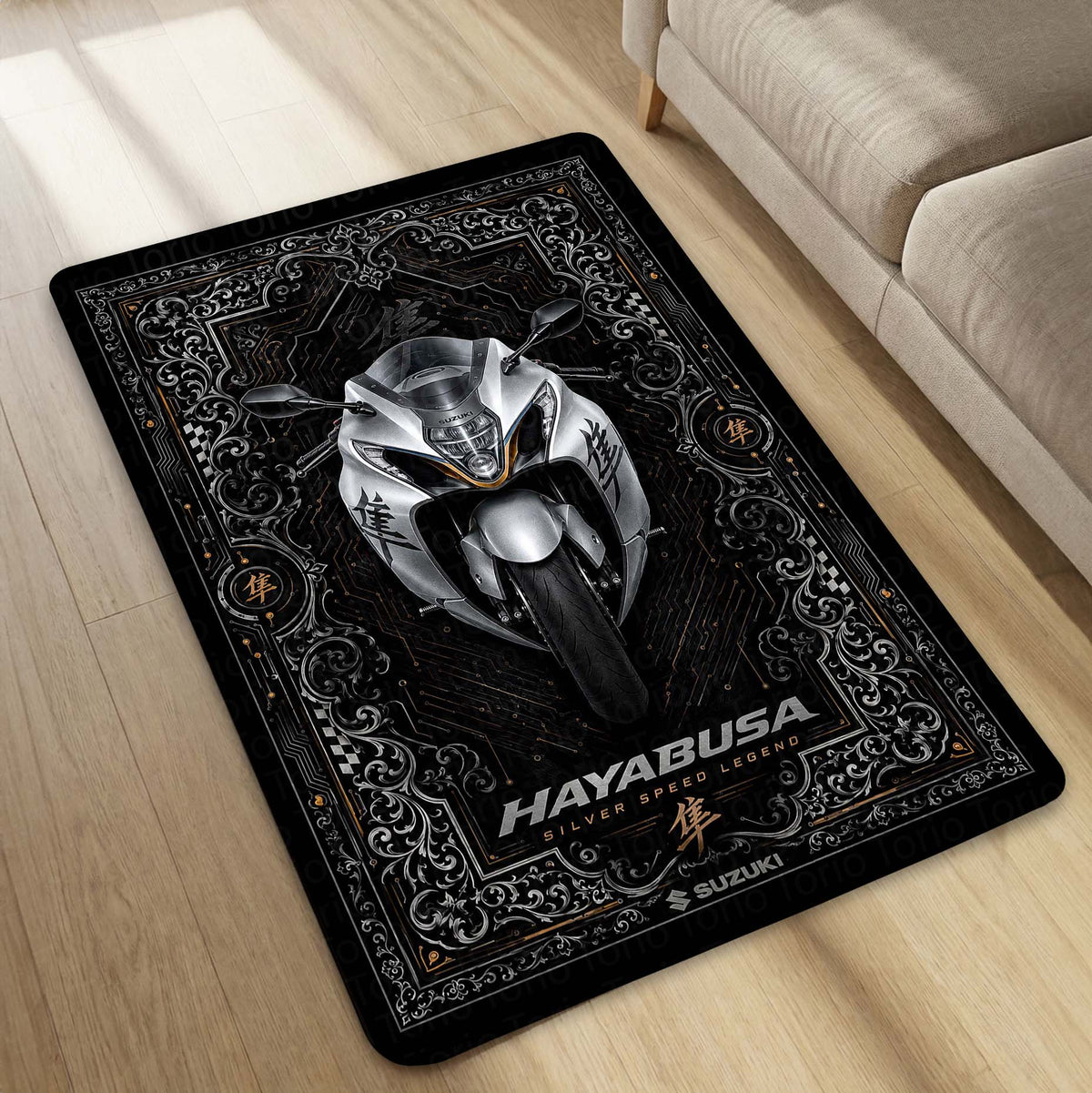 Suzuki Hayabusa Ornate Area Flat Rug | Luxury Superbike Persian Style Flat Rug for Living Room, Gaming Room & Motorcycle Decor