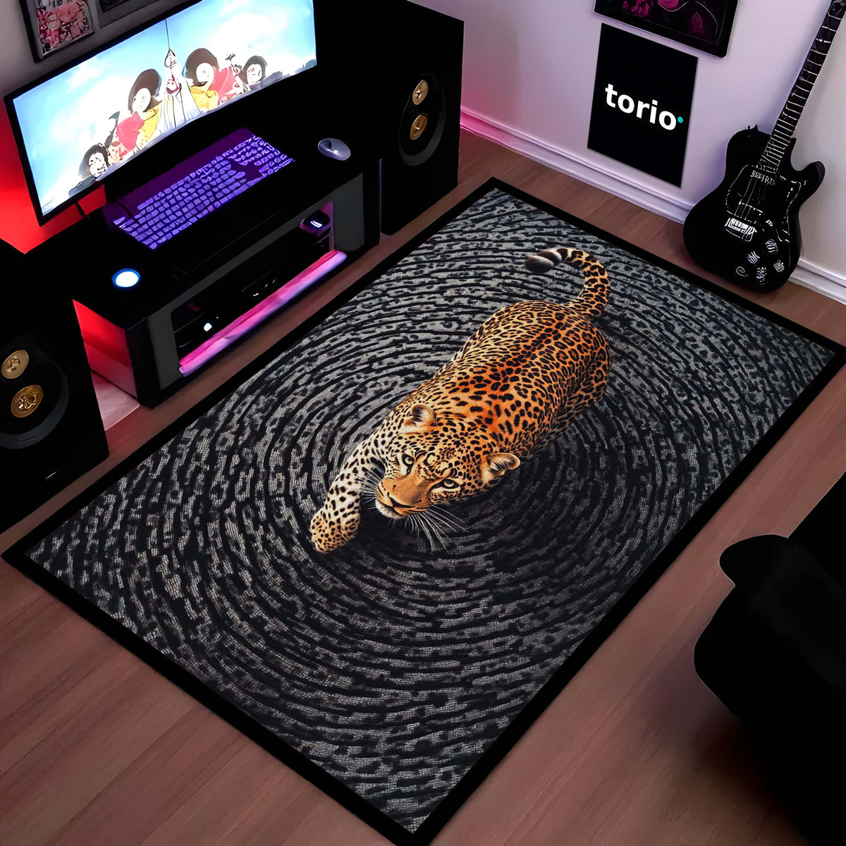 Leopard Swirl Illusion Area Flat Rug | 3D Optical Pattern Animal Floor Mat | Modern Aesthetic Flat Rug for Bedroom, Living Room & Gaming Setup | Anti-Slip 3 mm Washable Floor Mat