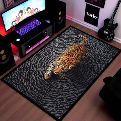 Leopard Swirl Illusion Area Flat Rug | 3D Optical Pattern Animal Floor Mat | Modern Aesthetic Flat Rug for Bedroom, Living Room & Gaming Setup | Anti-Slip 3 mm Washable Floor Mat