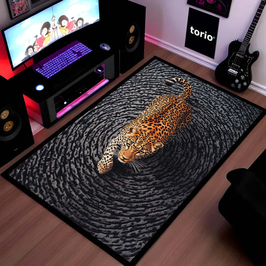 Leopard Swirl Illusion Area Flat Rug | 3D Optical Pattern Animal Floor Mat | Modern Aesthetic Flat Rug for Bedroom, Living Room & Gaming Setup | Anti-Slip 3 mm Washable Floor Mat