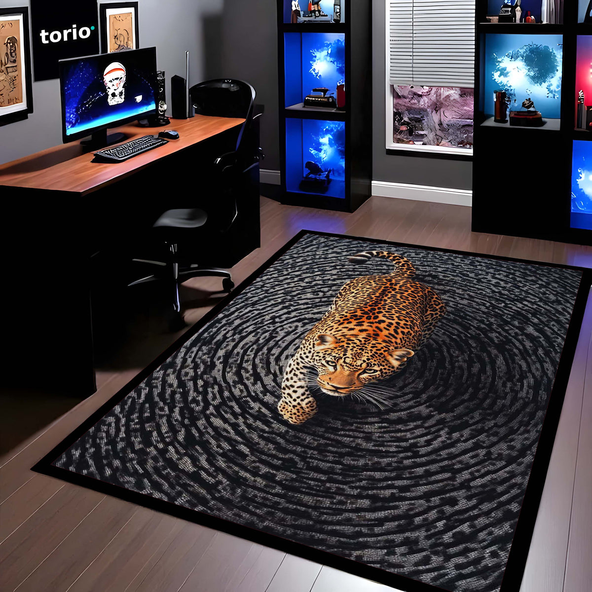 Leopard Swirl Illusion Area Flat Rug | 3D Optical Pattern Animal Floor Mat | Modern Aesthetic Flat Rug for Bedroom, Living Room & Gaming Setup | Anti-Slip 3 mm Washable Floor Mat