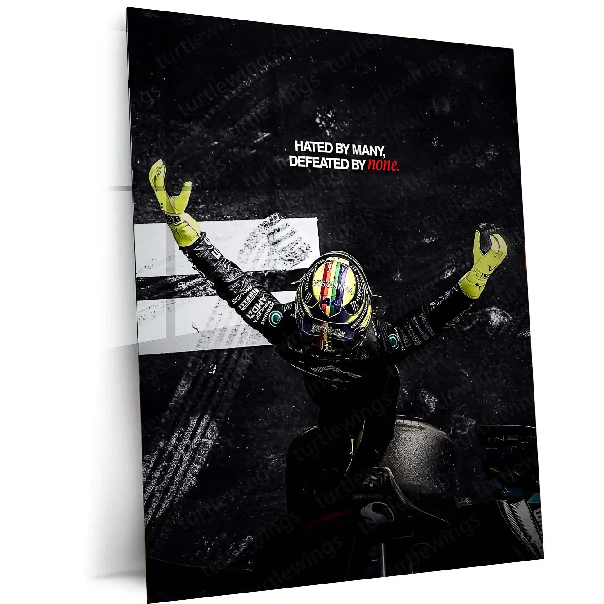 Quote Metal Poster | Lewis Hamilton – “HATED BY MANY, DEFEATED BY NONE.” | Champion Mindset Metal Poster - TURTLEWINGS 