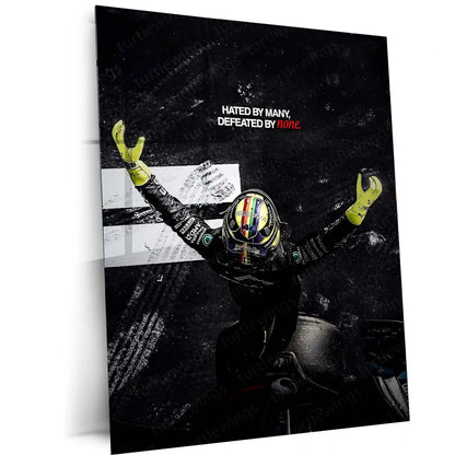 Quote Metal Poster | Lewis Hamilton – “HATED BY MANY, DEFEATED BY NONE.” | Champion Mindset Metal Poster - TURTLEWINGS 