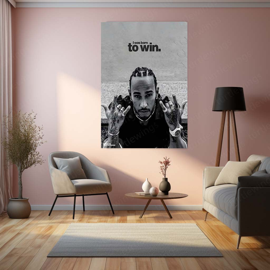 Quote Metal Poster | Lewis Hamilton – I Was Born to Win | Formula 1 Champion Quote Metal Frame | Motivation Wall Art