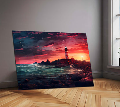 Lighthouse Sunset Ocean Metal Poster | Serene Coastal Wall Art