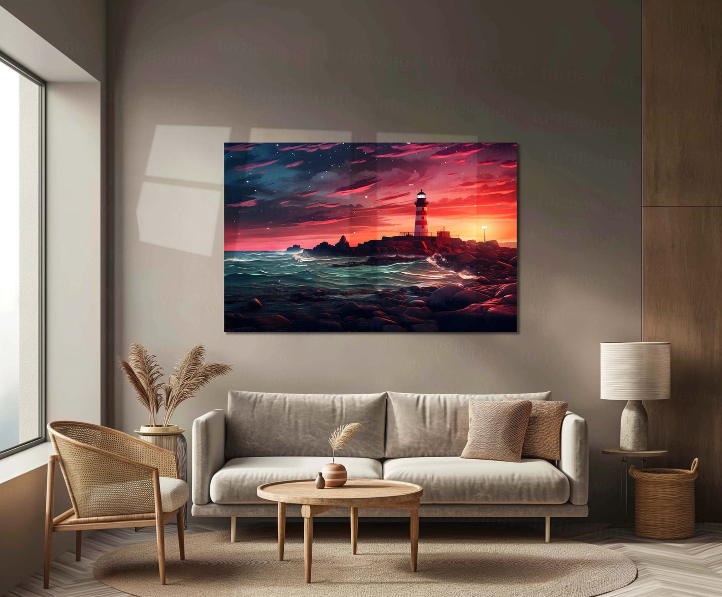 Lighthouse Sunset Ocean Metal Poster | Serene Coastal Wall Art