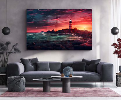 Lighthouse Sunset Ocean Metal Poster | Serene Coastal Wall Art