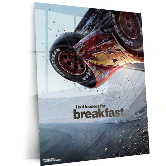 Quote Metal Poster | Lightning McQueen – I Eat Losers for Breakfast | Racing Motivation Metal Frame | Pixar Cars Inspired Wall Art