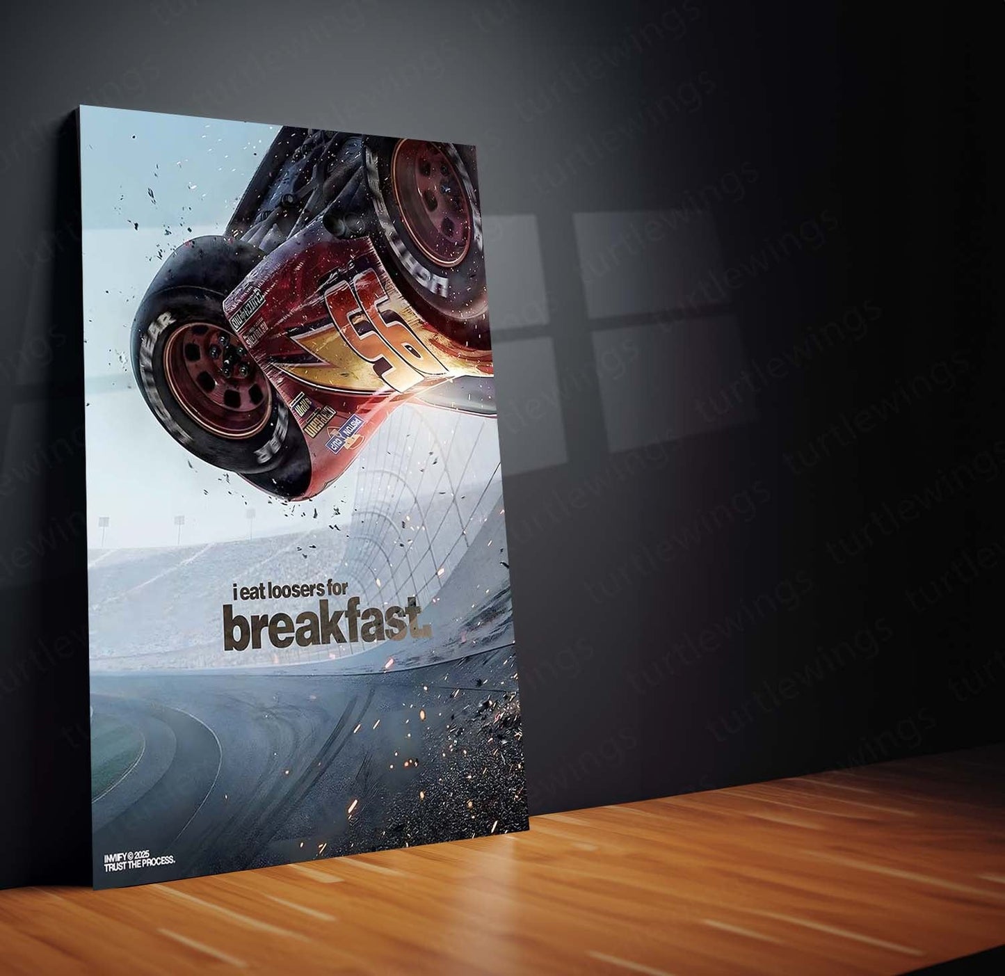 Quote Metal Poster | Lightning McQueen – I Eat Losers for Breakfast | Racing Motivation Metal Frame | Pixar Cars Inspired Wall Art