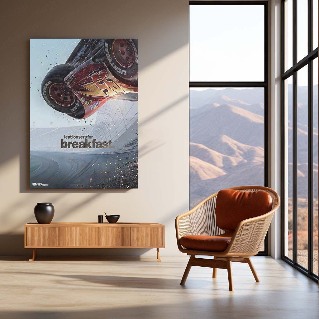 Quote Metal Poster | Lightning McQueen – I Eat Losers for Breakfast | Racing Motivation Metal Frame | Pixar Cars Inspired Wall Art