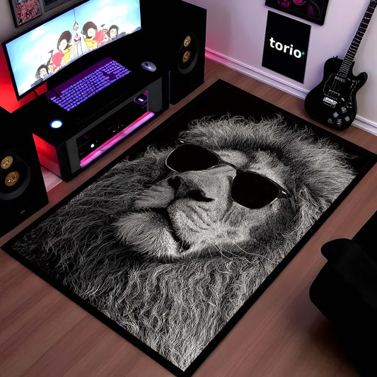 Cool Lion Sunglasses Area Flat Rug | Stylish Animal Floor Mat | Modern Aesthetic Flat Rug for Bedroom, Living Room & Gaming Setup | Anti-Slip 3 mm Washable Floor Mat