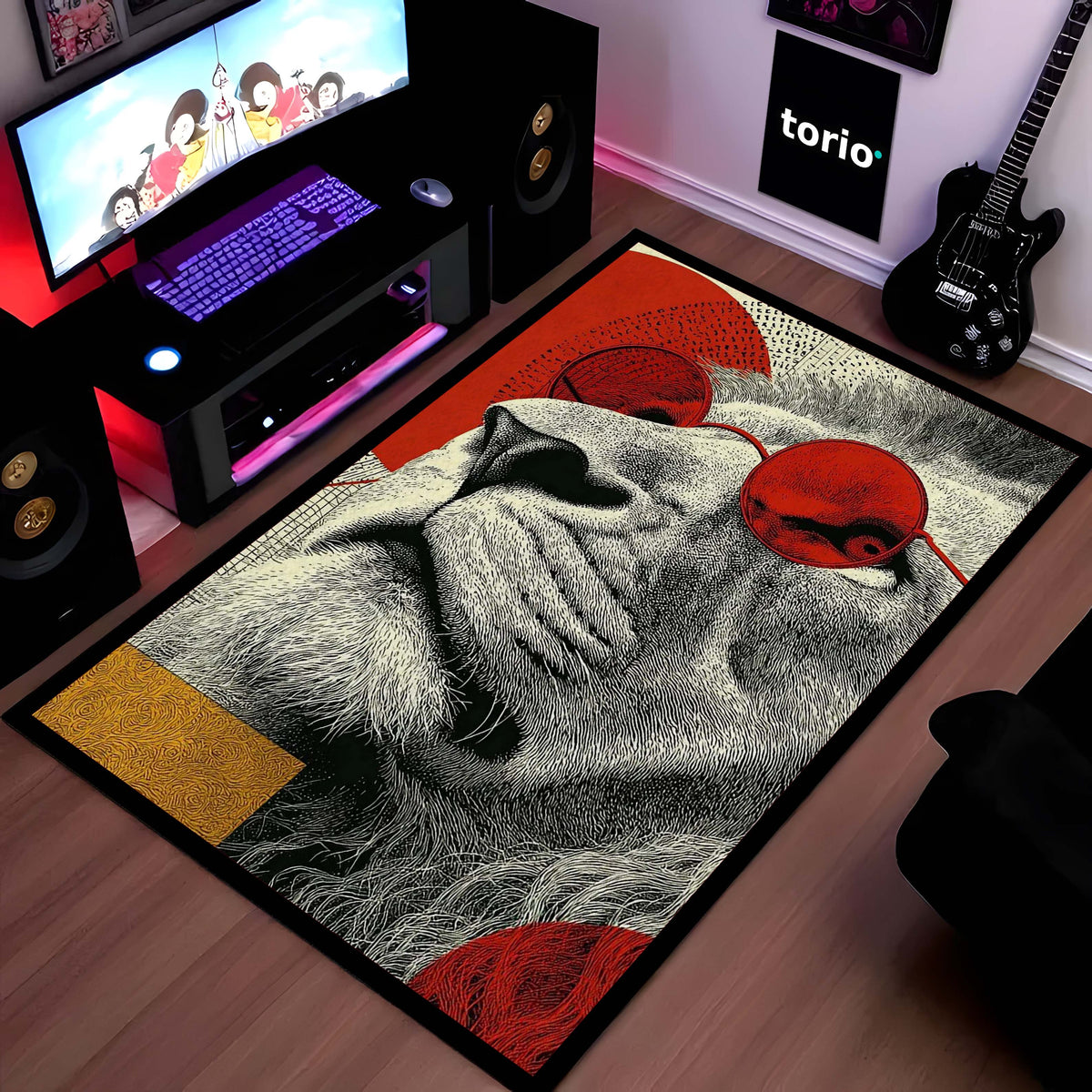 Lion Red Sunglasses Area Flat Rug | Modern Artistic Animal Floor Mat | Aesthetic Statement Flat Rug for Bedroom, Living Room & Gaming Setup | Anti-Slip 3 mm Washable Floor Mat
