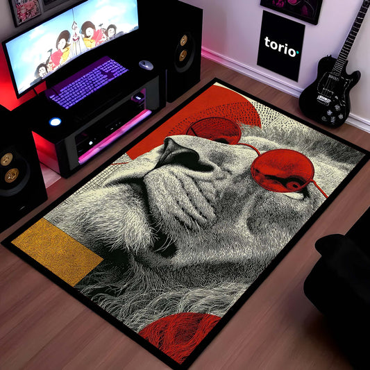 Lion Red Sunglasses Area Flat Rug | Modern Artistic Animal Floor Mat | Aesthetic Statement Flat Rug for Bedroom, Living Room & Gaming Setup | Anti-Slip 3 mm Washable Floor Mat