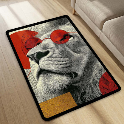 Lion Red Sunglasses Area Flat Rug | Modern Artistic Animal Floor Mat | Aesthetic Statement Flat Rug for Bedroom, Living Room & Gaming Setup | Anti-Slip 3 mm Washable Floor Mat