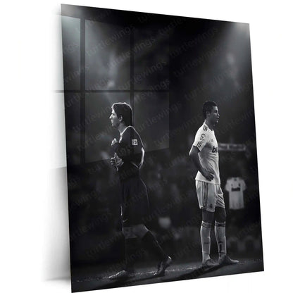 Lionel Messi × Cristiano Ronaldo – Two Paths to Greatness Metal Frame Football GOAT Rivalry Wall Art | Legacy, Discipline & Greatness Mindset Metal Poster - TURTLEWINGS 