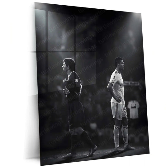 Lionel Messi × Cristiano Ronaldo – Two Paths to Greatness Metal Frame Football GOAT Rivalry Wall Art | Legacy, Discipline & Greatness Mindset Metal Poster - TURTLEWINGS 