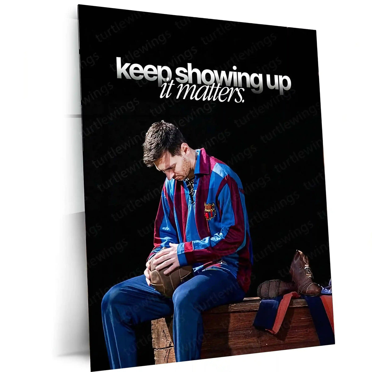 Quote Metal Poster | Lionel Messi – “keep showing up, it matters.” Quote | Football Motivation Metal Frame Wall Art - TURTLEWINGS 