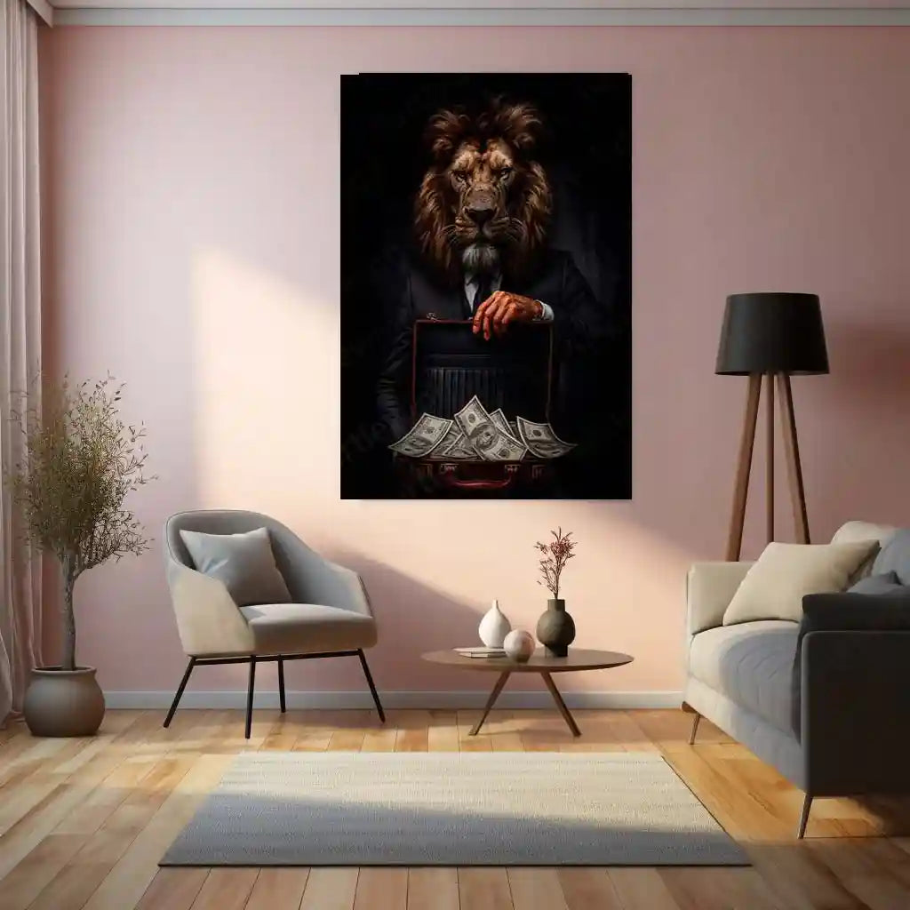 Lion in Suit Metal Poster | Royal Elegance Wall Art | Power & Confidence Decor Frame - TURTLEWINGS