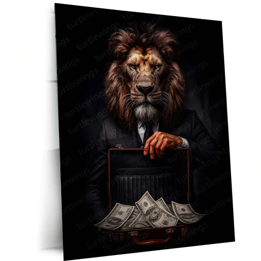 Lion in Suit Metal Poster | Royal Elegance Wall Art | Power & Confidence Decor Frame - TURTLEWINGS