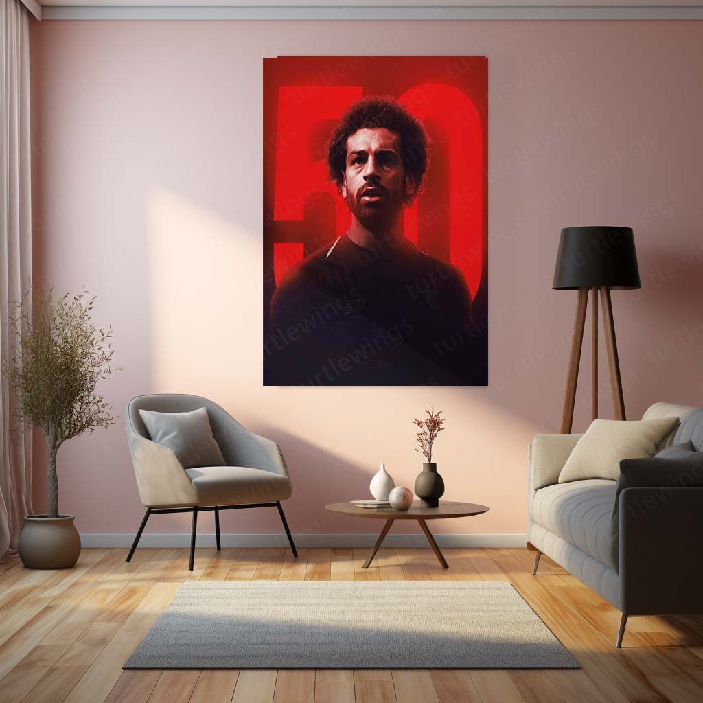 Liverpool FC Player with Curly Hair – “50” Milestone Background Metal Frame | Bold Red Wall Art - TURTLEWINGS