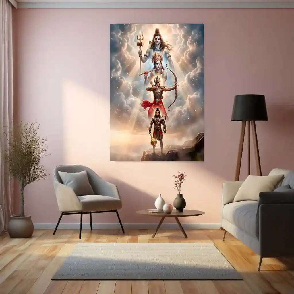 Lord Shiva, Lord Krishna, Lord Rama & Lord Hanuman Metal Frame | Divine Strength Wall Art - TURTLEWINGS 