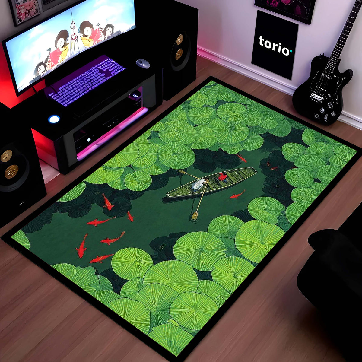 Lotus Pond Boat Area Flat Rug | Nature Aesthetic Floor Mat | Scenic Water Lily Design Flat Rug for Living Room, Bedroom & Meditation Space | Anti-Slip 3 mm Washable Mat