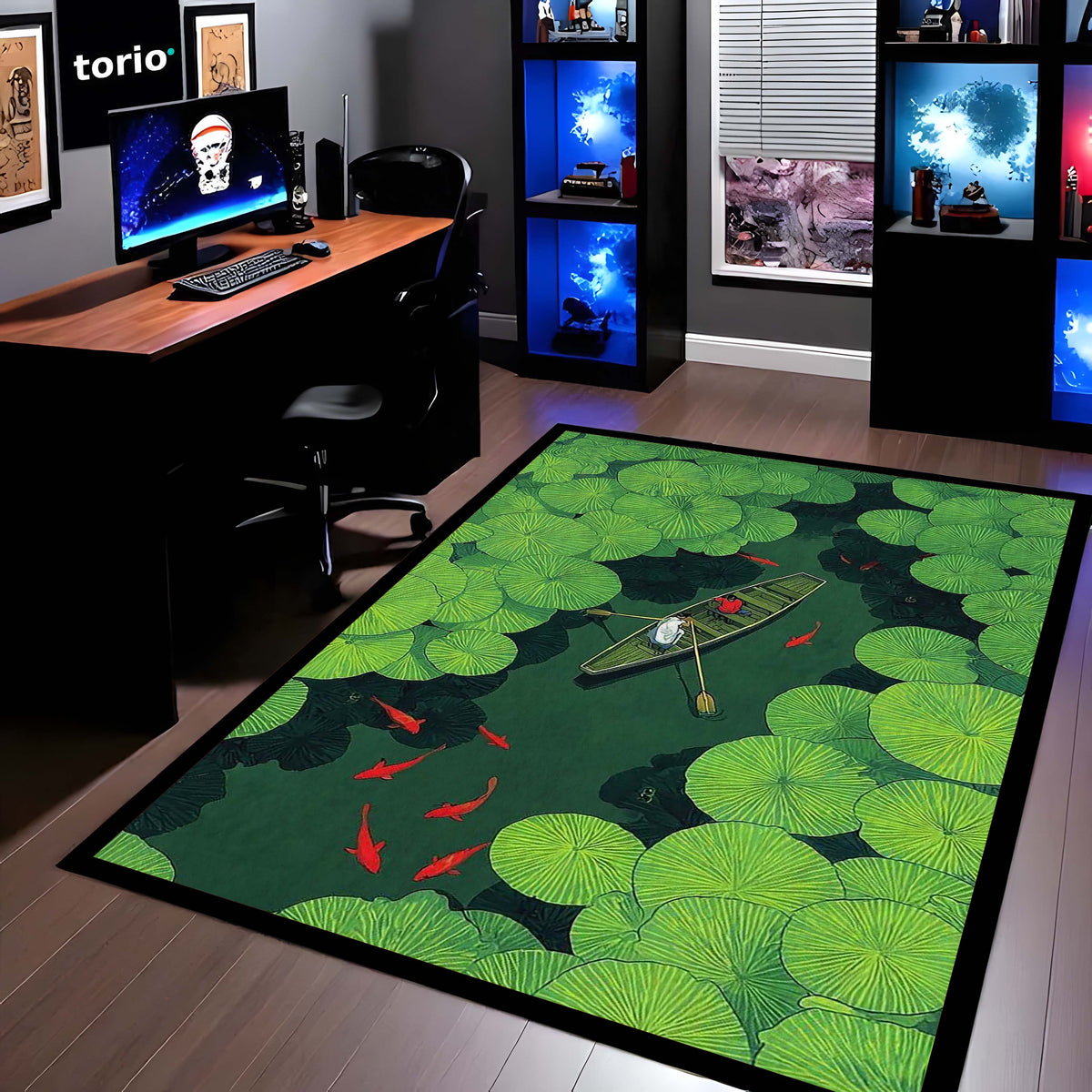 Lotus Pond Boat Area Flat Rug | Nature Aesthetic Floor Mat | Scenic Water Lily Design Flat Rug for Living Room, Bedroom & Meditation Space | Anti-Slip 3 mm Washable Mat