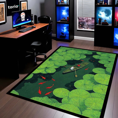 Lotus Pond Boat Area Flat Rug | Nature Aesthetic Floor Mat | Scenic Water Lily Design Flat Rug for Living Room, Bedroom & Meditation Space | Anti-Slip 3 mm Washable Mat