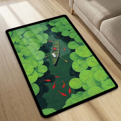 Lotus Pond Boat Area Flat Rug | Nature Aesthetic Floor Mat | Scenic Water Lily Design Flat Rug for Living Room, Bedroom & Meditation Space | Anti-Slip 3 mm Washable Mat