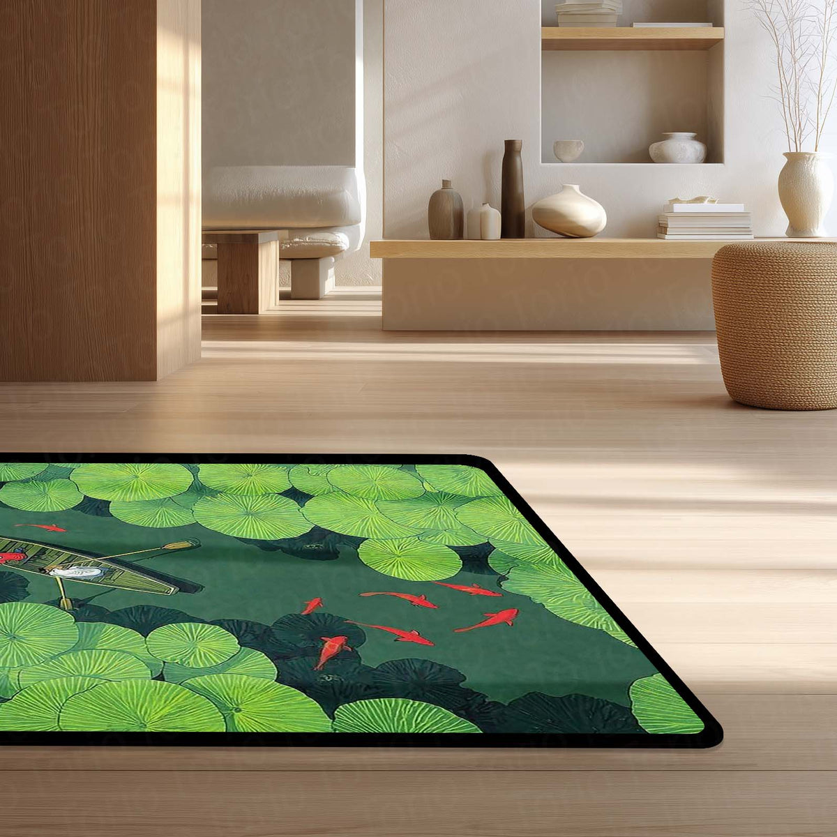 Lotus Pond Boat Area Flat Rug | Nature Aesthetic Floor Mat | Scenic Water Lily Design Flat Rug for Living Room, Bedroom & Meditation Space | Anti-Slip 3 mm Washable Mat