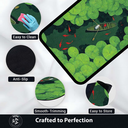 Lotus Pond Boat Area Flat Rug | Nature Aesthetic Floor Mat | Scenic Water Lily Design Flat Rug for Living Room, Bedroom & Meditation Space | Anti-Slip 3 mm Washable Mat