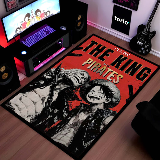 Pirate King Anime Area Flat Rug | Luffy & Shanks Inspired Floor Mat | Anime Gaming Room Flat Rug | Red Aesthetic Anime Carpet for Bedroom & Otaku Decor | Anti-Slip 3 mm Washable Mat