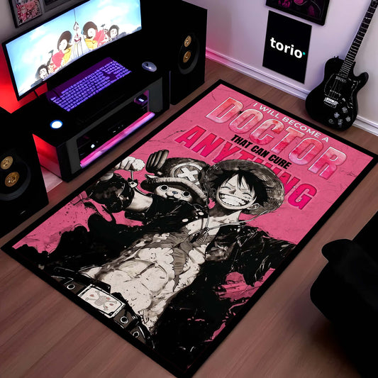 Anime Pirate King Quote Area Flat Rug | Luffy Inspired Floor Mat | “Doctor That Can Cure Anything” Anime Flat Rug | Pink Aesthetic Gaming Room Carpet | Anti-Slip 3 mm Washable Mat