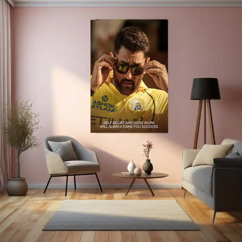 Cricket Metal Poster | MS Dhoni Motivational Metal Poster | Self Belief and Hard Work Quote Wall Art | CSK Legend Frame - TURTLEWINGS