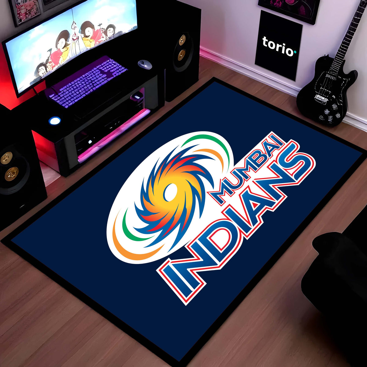 Mumbai Indians Fan Floor Mat (3 mm Thick) | Bold Blue Cricket Team Inspired Flat Rug for Bedroom, Gaming Room & Fan Spaces