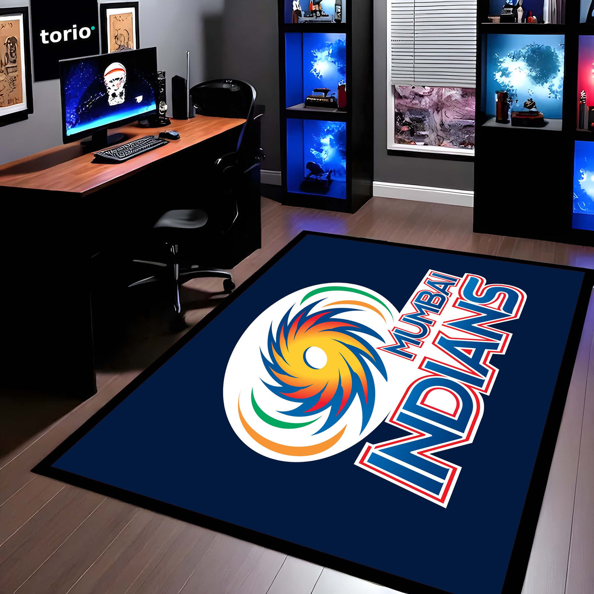 Mumbai Indians Fan Floor Mat (3 mm Thick) | Bold Blue Cricket Team Inspired Flat Rug for Bedroom, Gaming Room & Fan Spaces