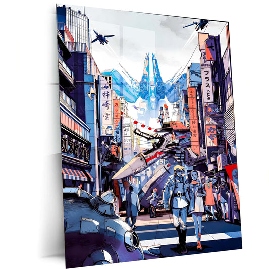 Anime Metal Poster | Macross – Mecha City Skyline Artwork | Classic Sci-Fi Anime Metal Frame Poster