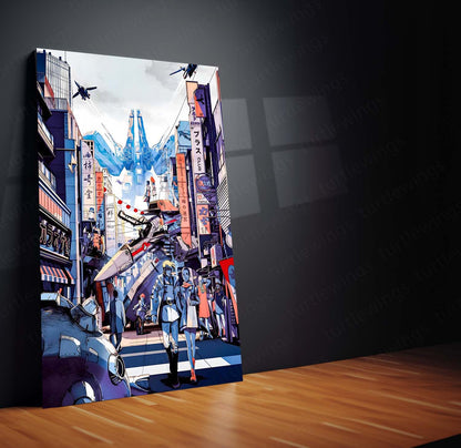 Anime Metal Poster | Macross – Mecha City Skyline Artwork | Classic Sci-Fi Anime Metal Frame Poster