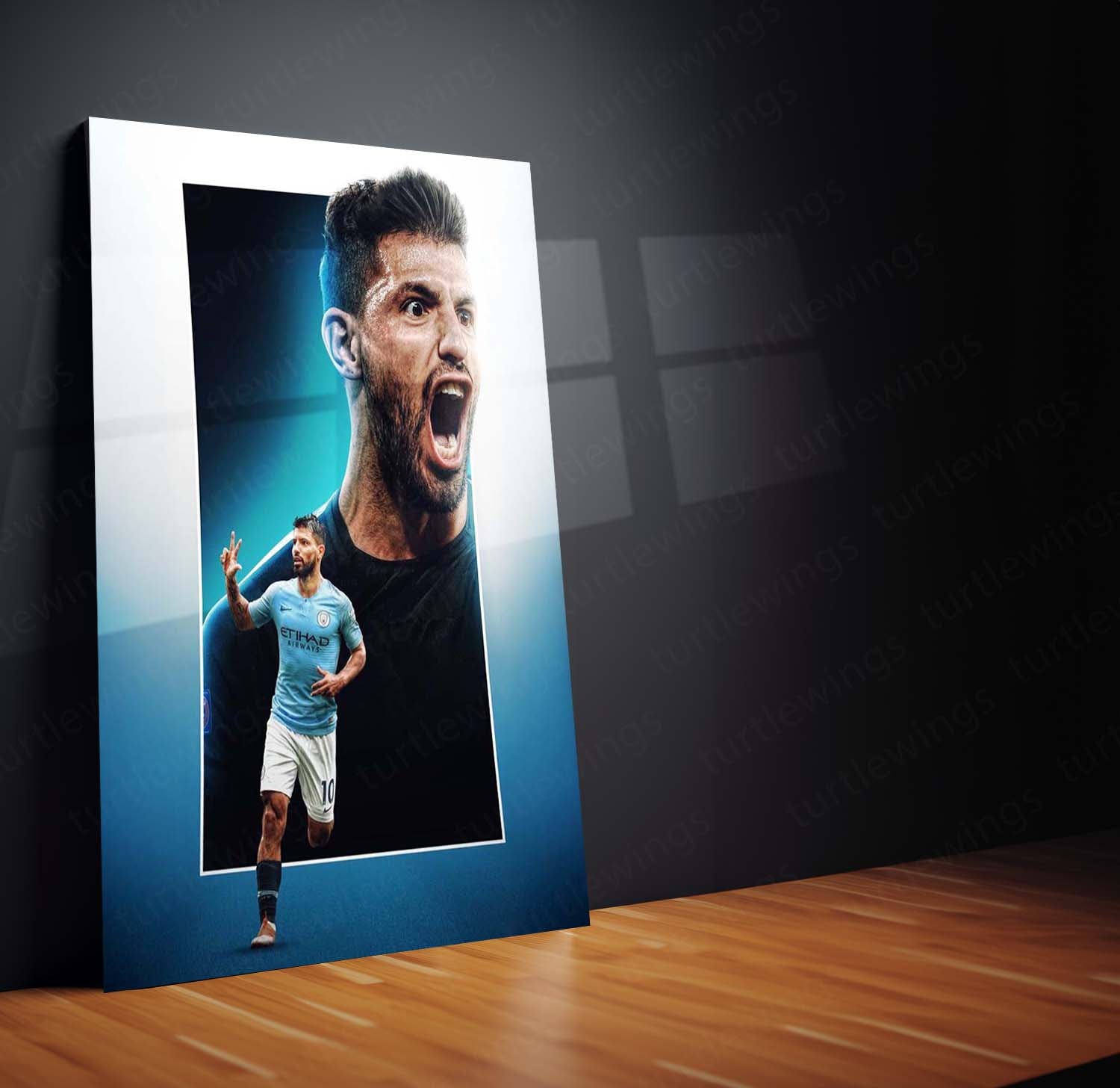 Manchester City Player #10 Celebration – Sky Blue Kit Metal Frame | Etihad Football Wall Art - TURTLEWINGS
