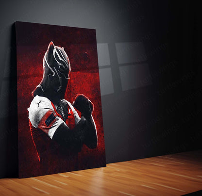 Black Panther in Arsenal Jersey Metal Frame – Fiery Red Background | Marvel x Football Crossover Wall Art - TURTLEWINGS