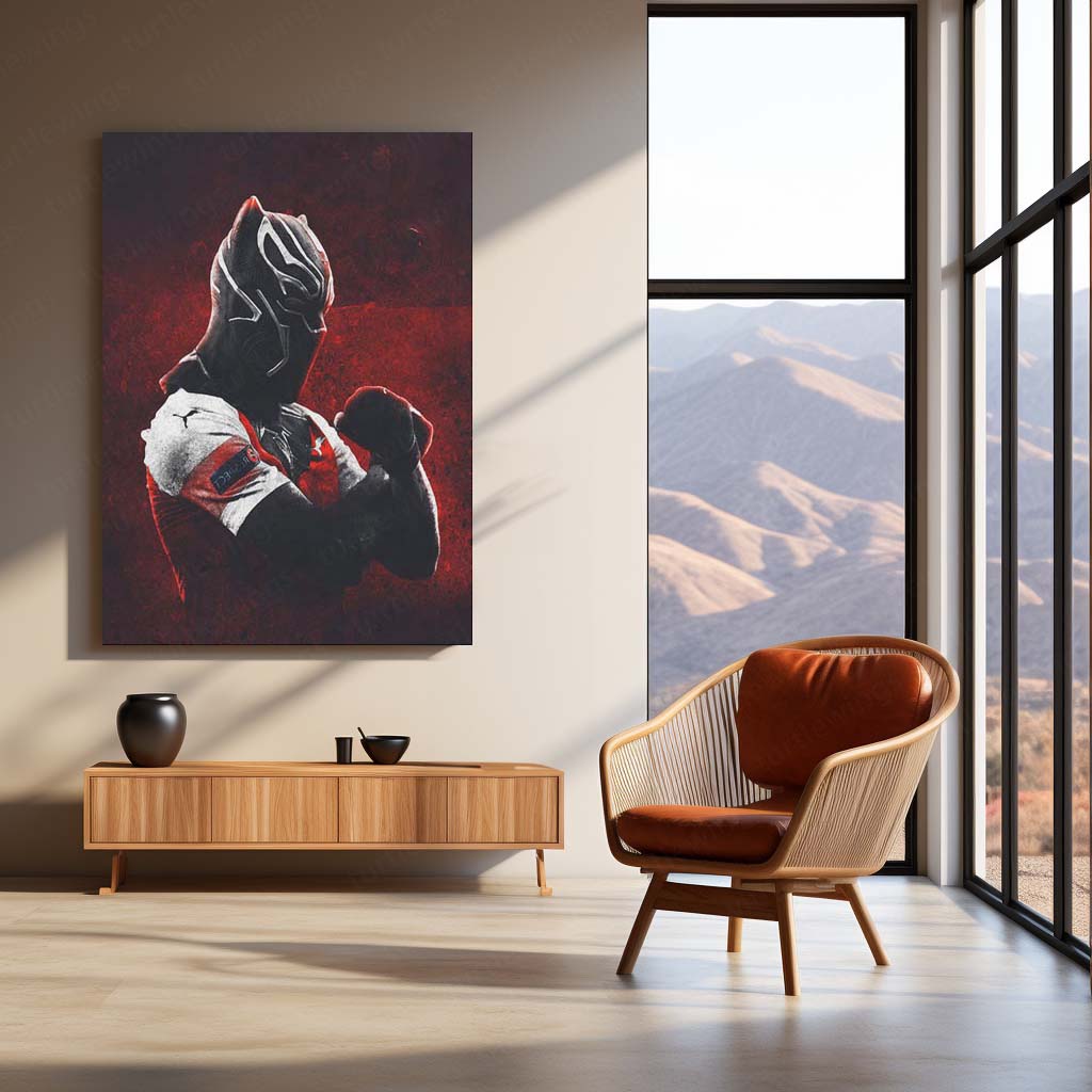 Black Panther in Arsenal Jersey Metal Frame – Fiery Red Background | Marvel x Football Crossover Wall Art - TURTLEWINGS