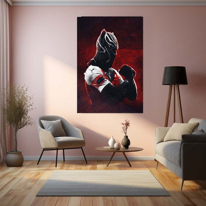 Black Panther in Arsenal Jersey Metal Frame – Fiery Red Background | Marvel x Football Crossover Wall Art - TURTLEWINGS