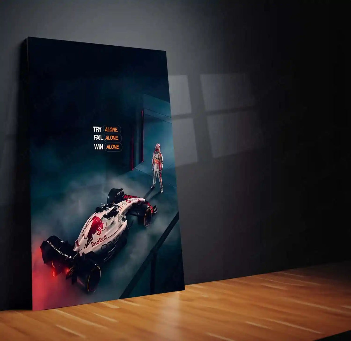Quote Metal Poster | Max Verstappen – TRY ALONE. FAIL ALONE. WIN ALONE. | Lone Wolf Focus & Champion Mindset Metal Frame - TURTLEWINGS