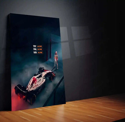 Quote Metal Poster | Max Verstappen – TRY ALONE. FAIL ALONE. WIN ALONE. | Lone Wolf Focus & Champion Mindset Metal Frame - TURTLEWINGS