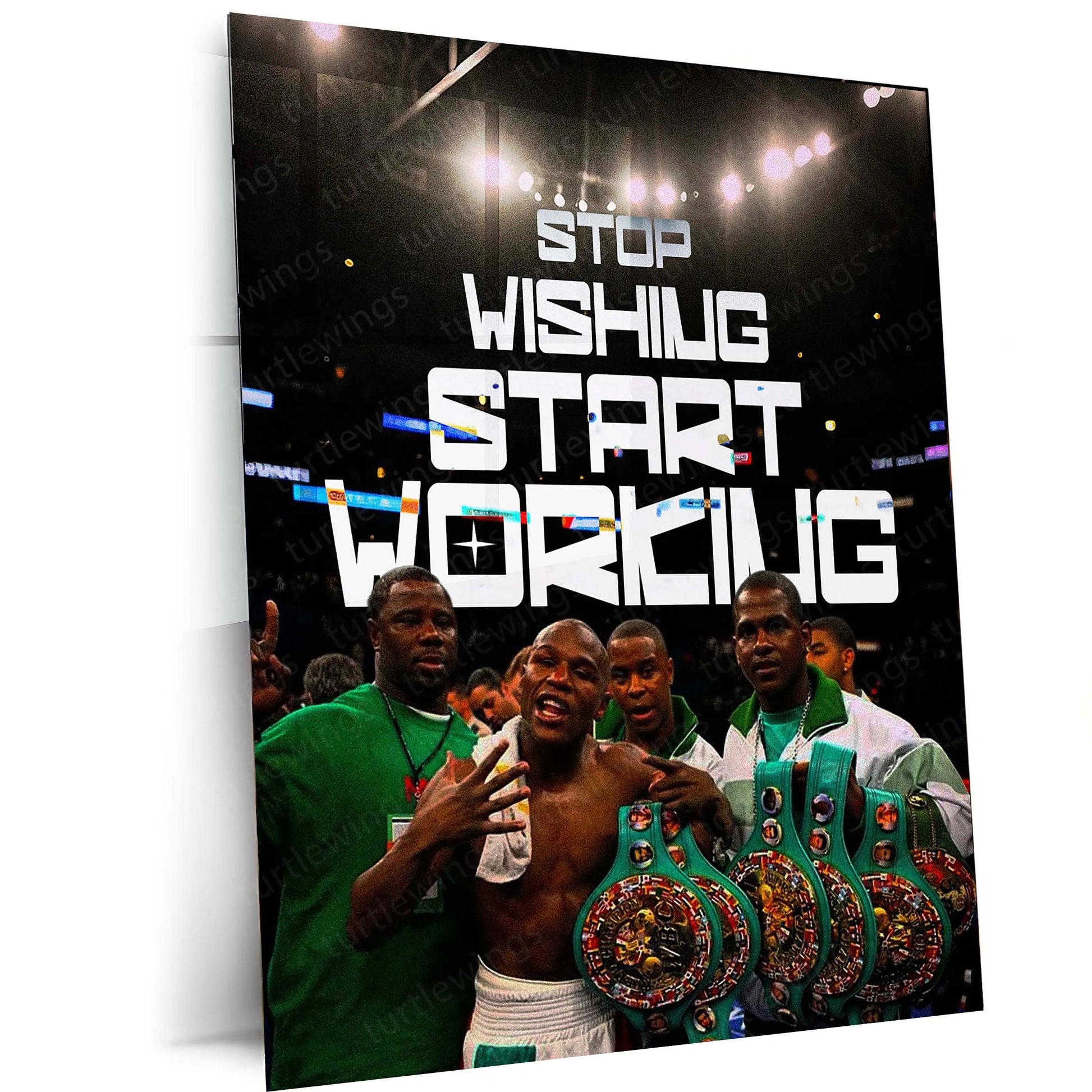 Quote Metal Poster | Floyd Mayweather Jr. – “STOP WISHING START WORKING” | Champion Mindset Metal Poster - TURTLEWINGS