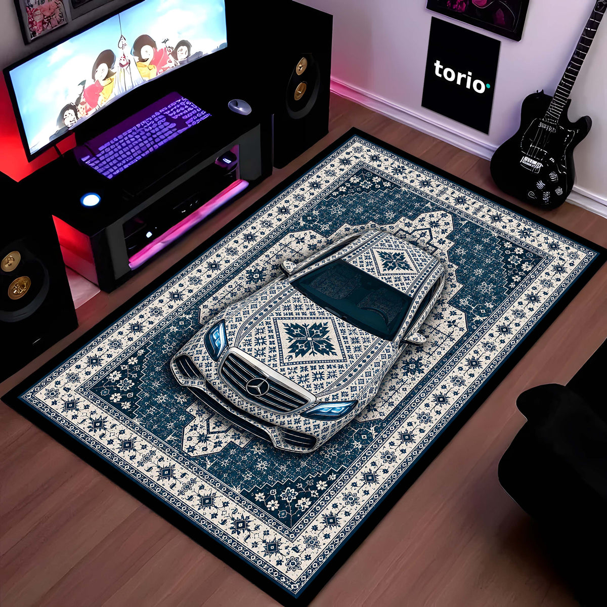 Mercedes Snowflake Pattern Area Flat Rug | Scandinavian Luxury Car Floor Mat | Nordic Blue Ceramic Style Flat Rug for Bedroom, Gaming Room & Modern Home Decor