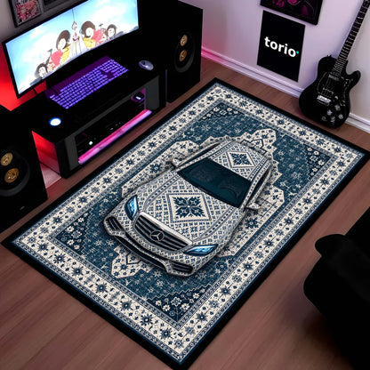 Mercedes Snowflake Pattern Area Flat Rug | Scandinavian Luxury Car Floor Mat | Nordic Blue Ceramic Style Flat Rug for Bedroom, Gaming Room & Modern Home Decor