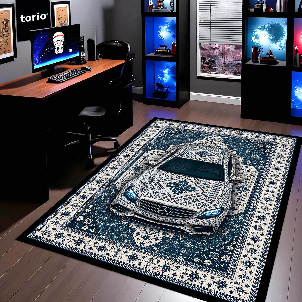 Mercedes Snowflake Pattern Area Flat Rug | Scandinavian Luxury Car Floor Mat | Nordic Blue Ceramic Style Flat Rug for Bedroom, Gaming Room & Modern Home Decor