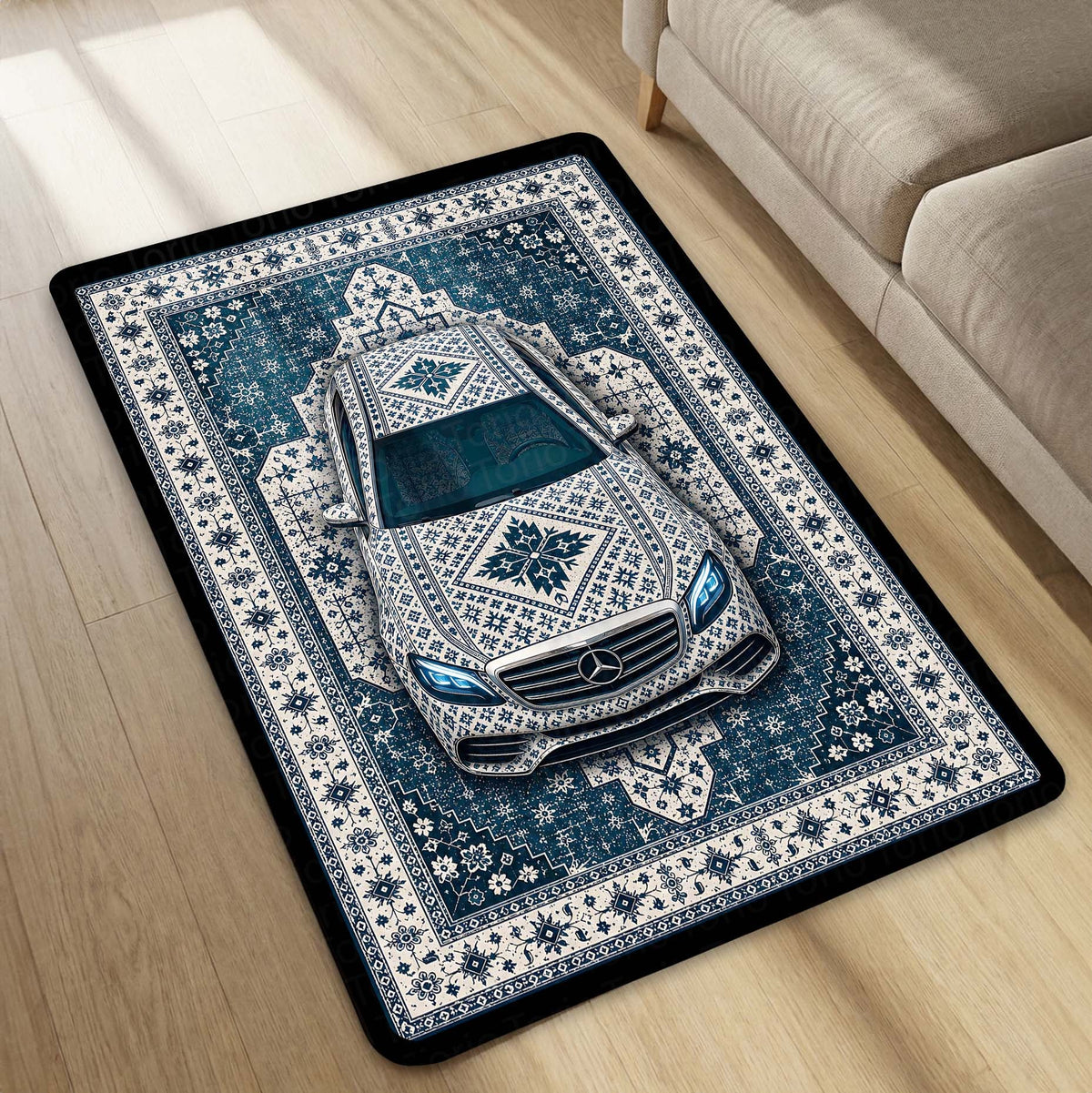 Mercedes Snowflake Pattern Area Flat Rug | Scandinavian Luxury Car Floor Mat | Nordic Blue Ceramic Style Flat Rug for Bedroom, Gaming Room & Modern Home Decor