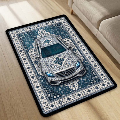 Mercedes Snowflake Pattern Area Flat Rug | Scandinavian Luxury Car Floor Mat | Nordic Blue Ceramic Style Flat Rug for Bedroom, Gaming Room & Modern Home Decor